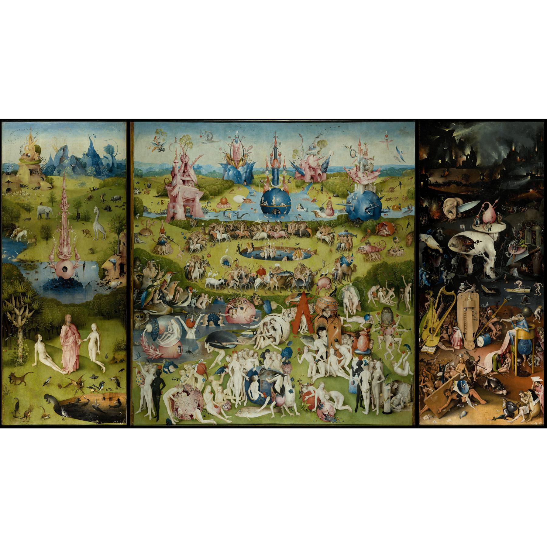 Hieronymus Bosch’s ‘The Garden of Earthly Delights’ wooden jigsaw puzzle, featuring a surreal medieval triptych with paradise, earth, and hell.