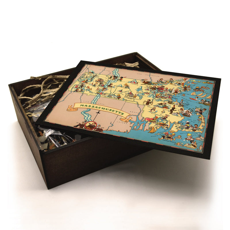 MASSACHUSETTS Wooden Puzzle | Vintage Pictorial Map | Adult Jigsaw Puzzles