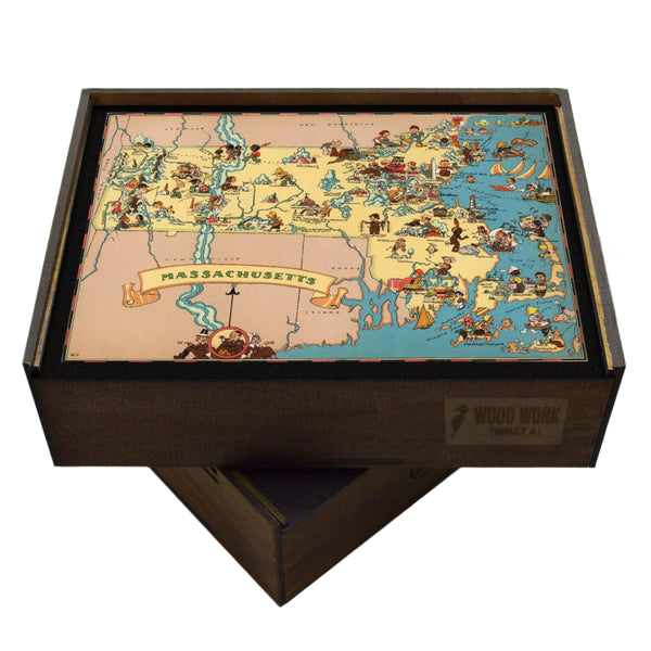 MASSACHUSETTS Wooden Puzzle | Vintage Pictorial Map | Adult Jigsaw Puzzles