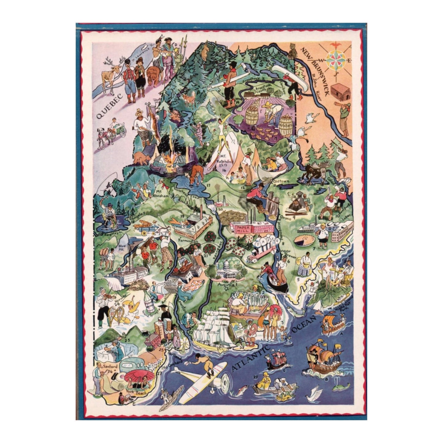 Vintage Maine pictorial map, 1940s style. Hand-drawn illustrations of Maine landmarks, regions, and activities. Features Quebec, New Brunswick, Atlantic Ocean. Colorful, whimsical art.