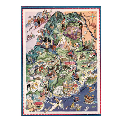 Vintage Maine pictorial map, 1940s style. Hand-drawn illustrations of Maine landmarks, regions, and activities. Features Quebec, New Brunswick, Atlantic Ocean. Colorful, whimsical art.