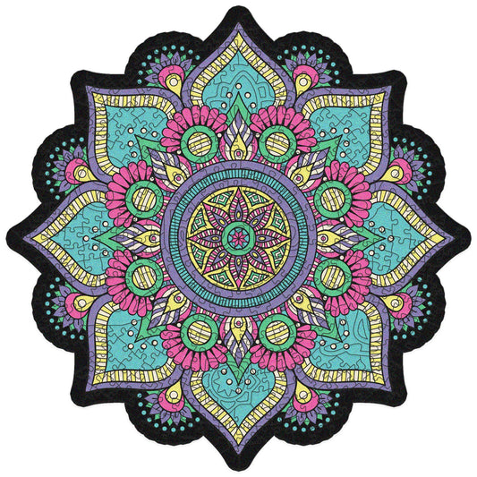 colorful mandala wooden jigsaw puzzle with a geometrical design and flower-like center. It has the mantra or word Breath in the center of the puzzle.
