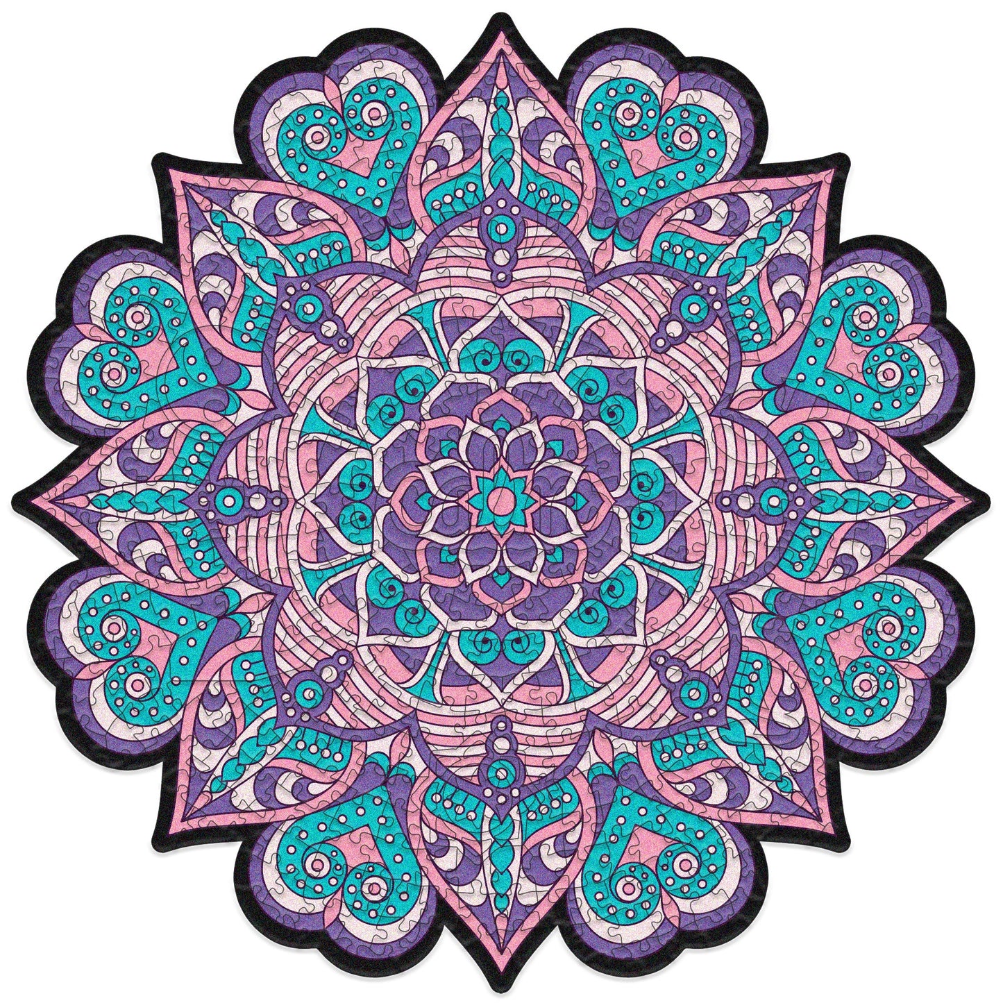 colorful mandala wooden jigsaw puzzle with a geometrical design. pURPLE AND PINK TONES, HAS A CENTRAL FOCAL JIGSAW PIECE THAT READS THE MANTRA calm.
