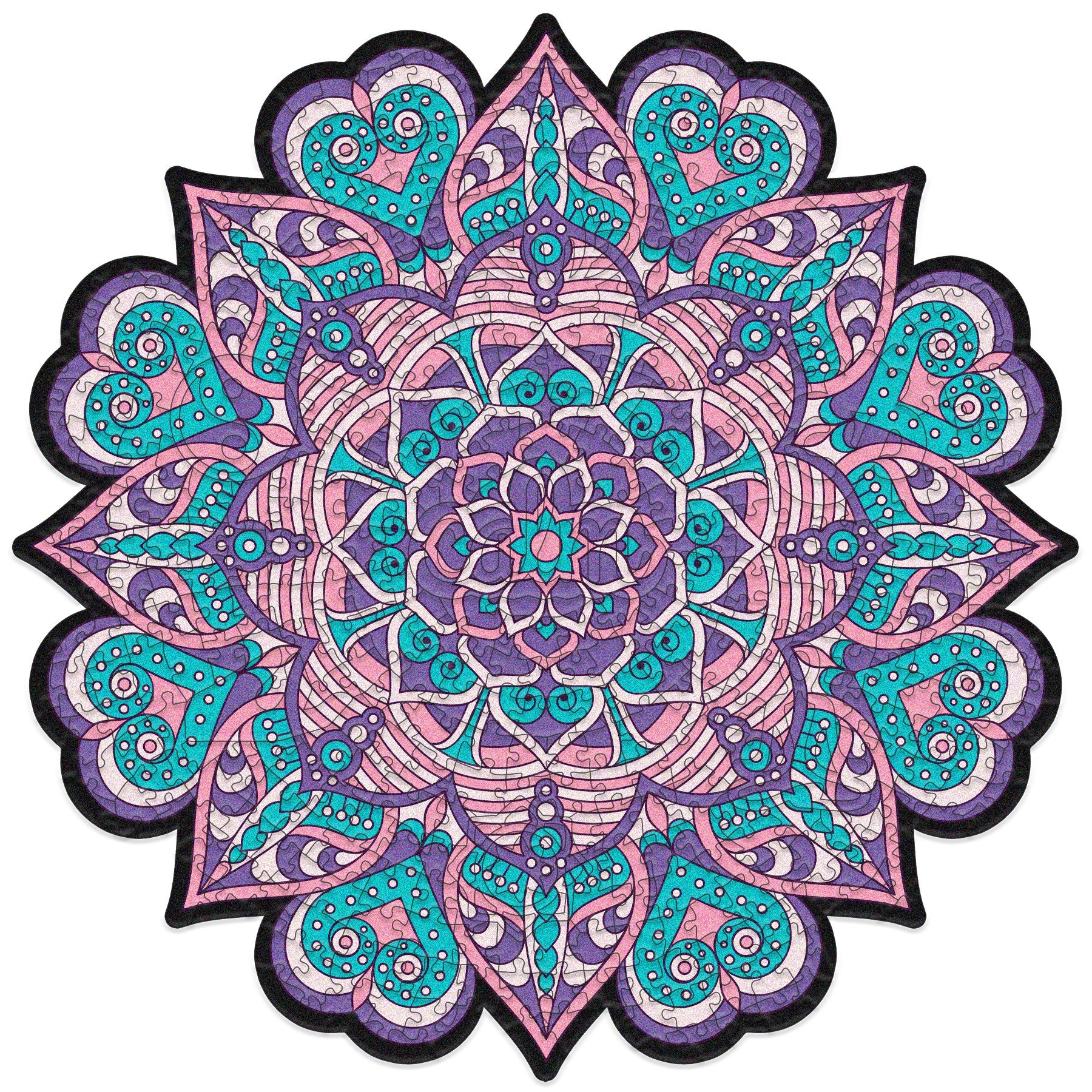 colorful mandala wooden jigsaw puzzle with a geometrical design. pURPLE AND PINK TONES, HAS A CENTRAL FOCAL JIGSAW PIECE THAT READS THE MANTRA calm.
