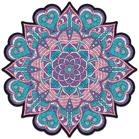 colorful mandala wooden jigsaw puzzle with a geometrical design. pURPLE AND PINK TONES, HAS A CENTRAL FOCAL JIGSAW PIECE THAT READS THE MANTRA calm.
