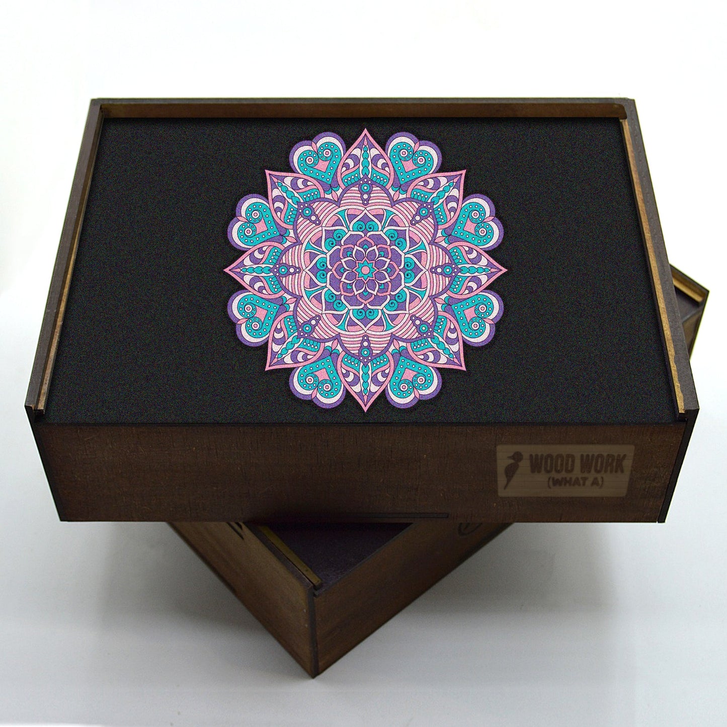 Handcrafted wooden box containing a colorful mandala puzzle with intricate patterns. Unique and artistic gift. WAWW Puzzles