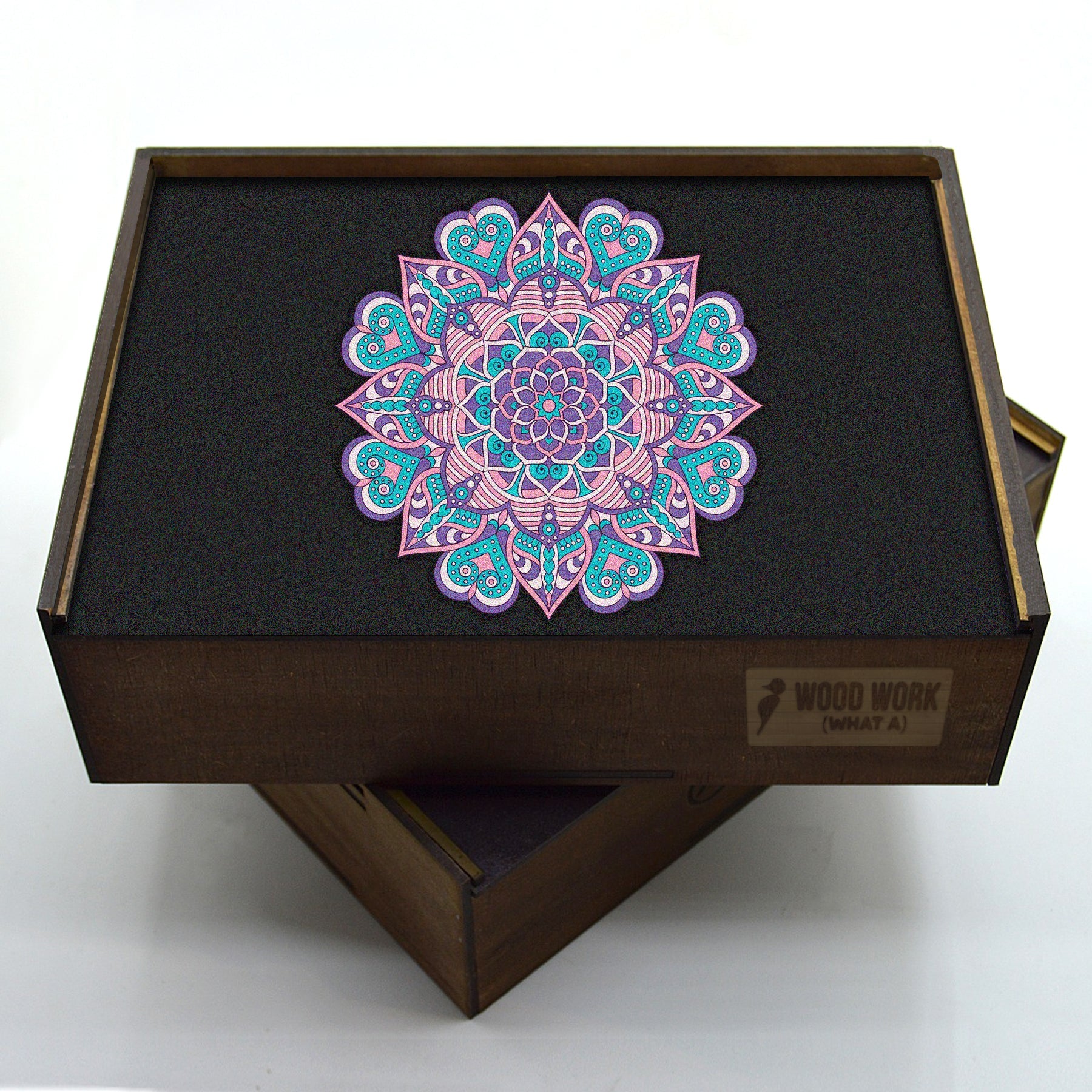 Handcrafted wooden box containing a colorful mandala puzzle with intricate patterns. Unique and artistic gift. WAWW Puzzles