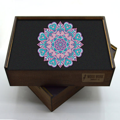 Handcrafted wooden box containing a colorful mandala puzzle with intricate patterns. Unique and artistic gift. WAWW Puzzles
