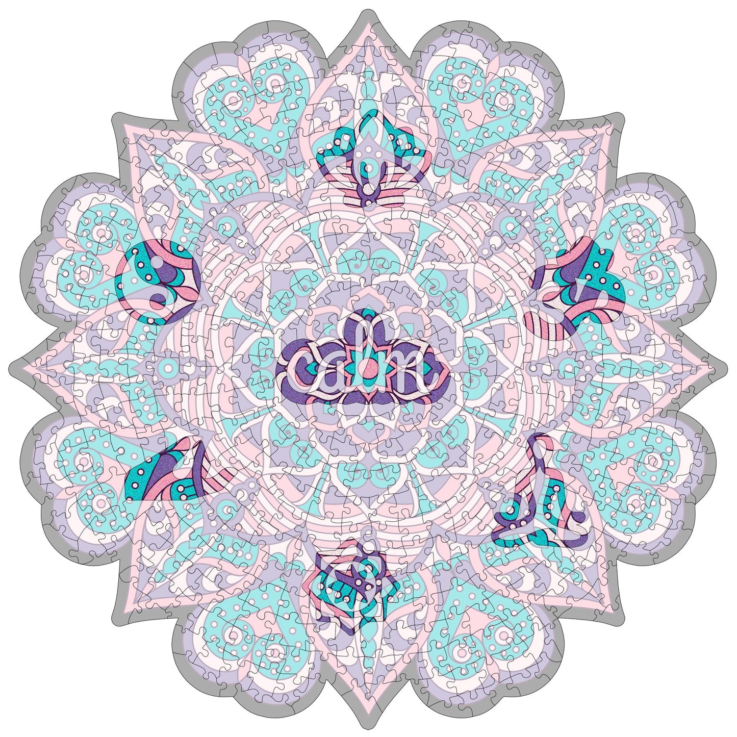 colorful mandala wooden jigsaw puzzle with a geometrical design. pURPLE AND PINK TONES, HAS A CENTRAL FOCAL JIGSAW PIECE THAT READS THE MANTRA calm.