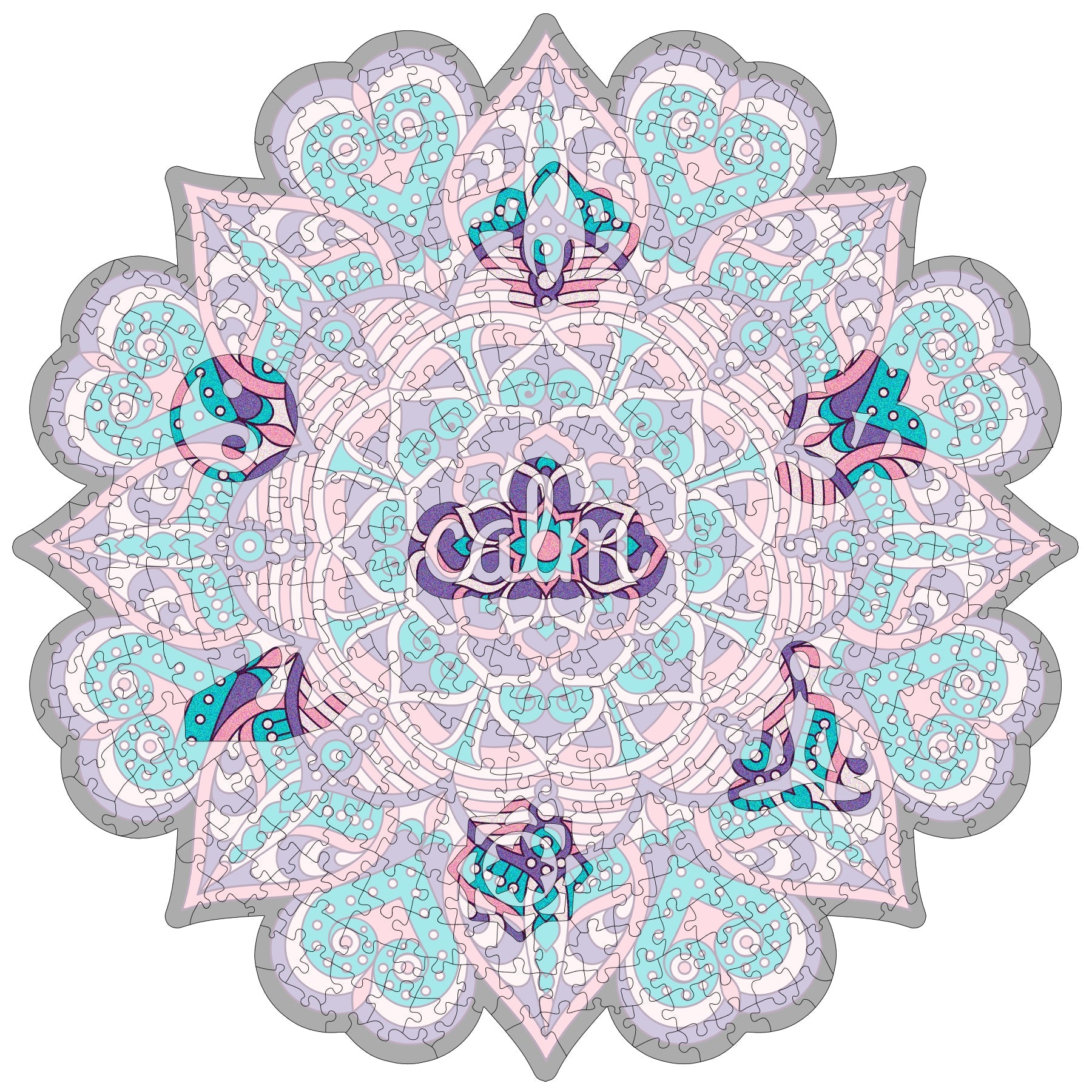 colorful mandala wooden jigsaw puzzle with a geometrical design. pURPLE AND PINK TONES, HAS A CENTRAL FOCAL JIGSAW PIECE THAT READS THE MANTRA calm.