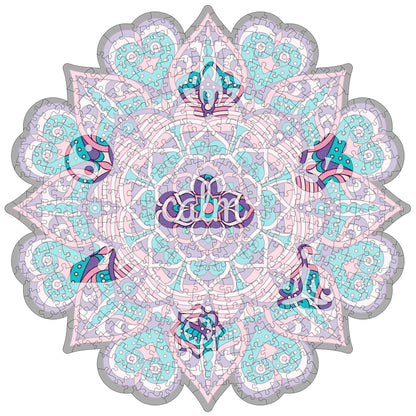 colorful mandala wooden jigsaw puzzle with a geometrical design. pURPLE AND PINK TONES, HAS A CENTRAL FOCAL JIGSAW PIECE THAT READS THE MANTRA calm.