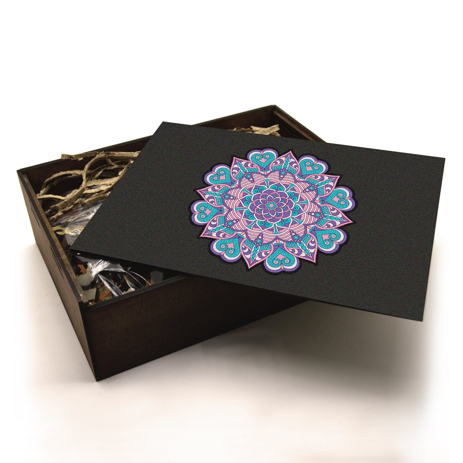Handcrafted wooden box containing a colorful mandala puzzle with intricate patterns. Unique and artistic gift. WAWW Puzzles
