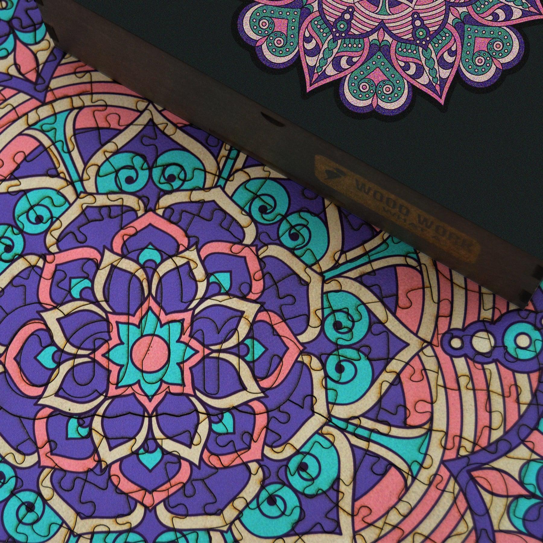 Handcrafted wooden box containing a colorful mandala puzzle with intricate patterns. Unique and artistic gift. WAWW Puzzles