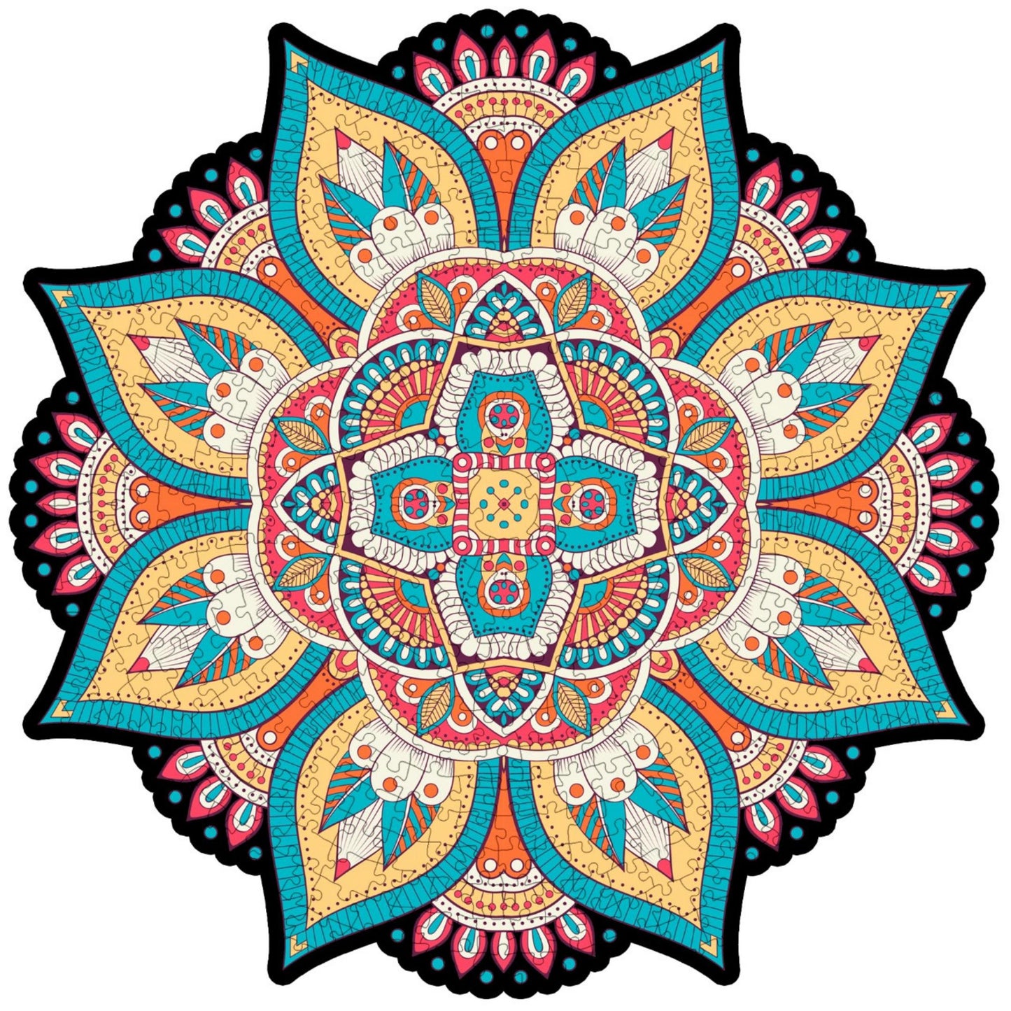 colorful mandala wooden jigsaw puzzle with a geometrical design.
