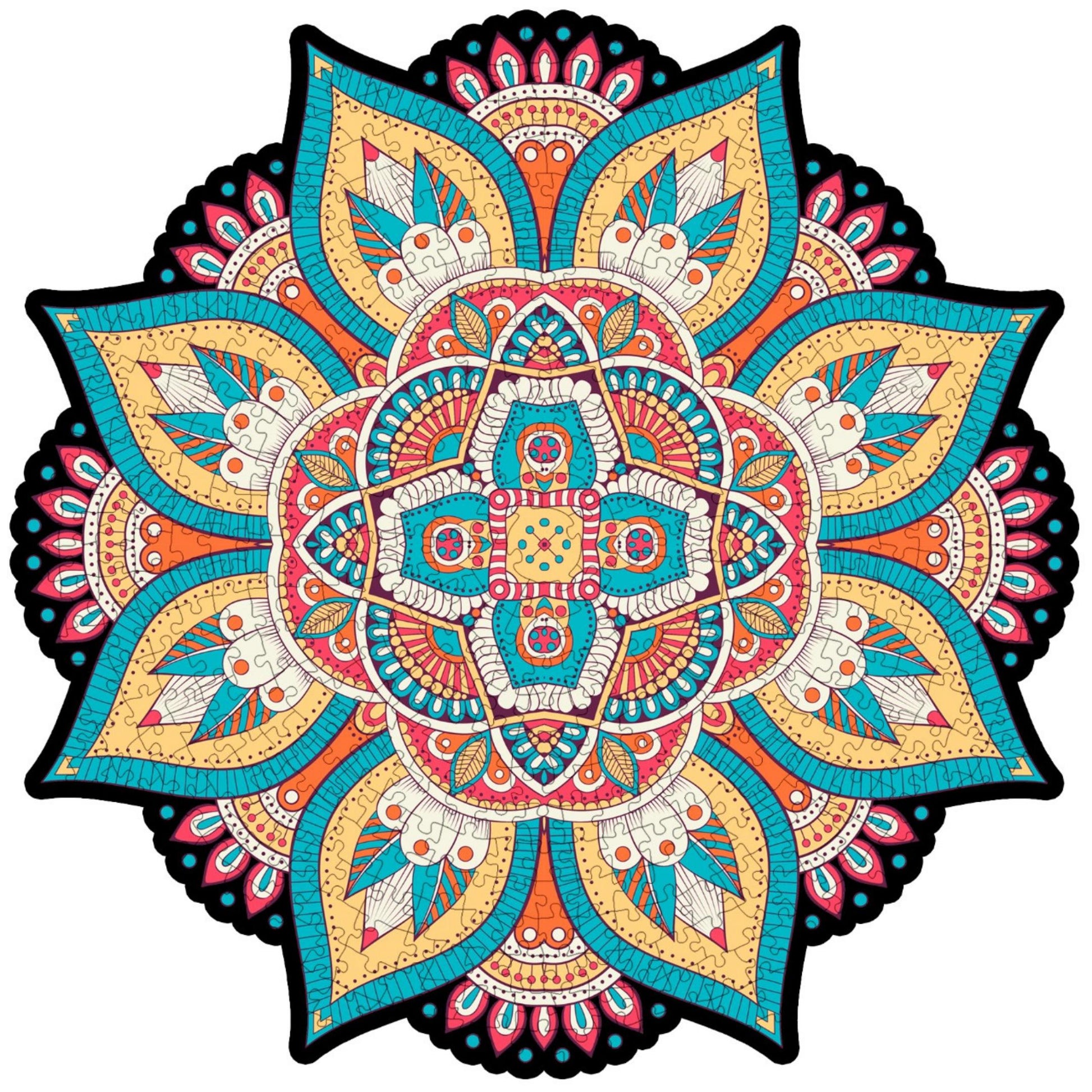 colorful mandala wooden jigsaw puzzle with a geometrical design.
