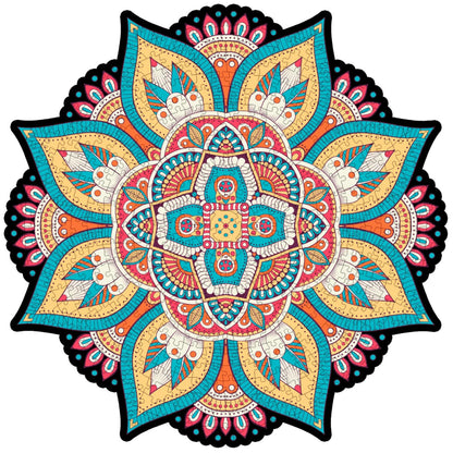 colorful mandala wooden jigsaw puzzle with a geometrical design.
