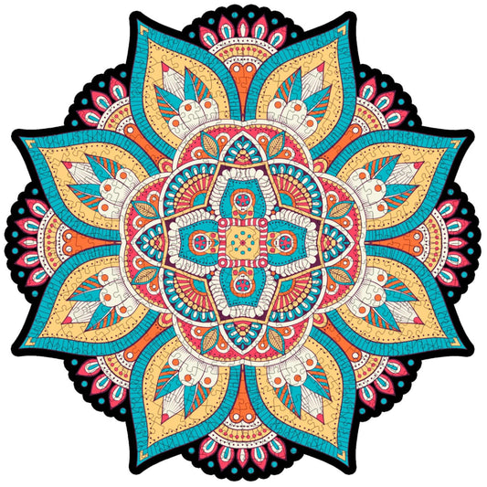 colorful mandala wooden jigsaw puzzle with a geometrical design.
