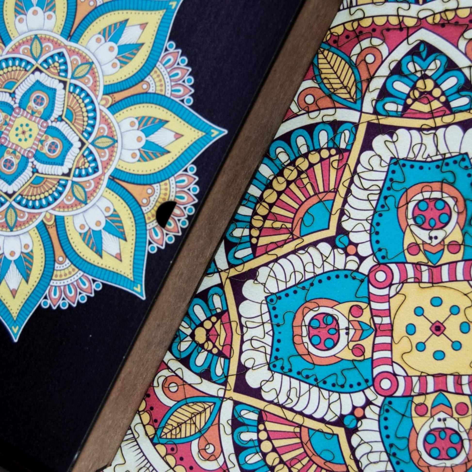 Handcrafted wooden box containing a colorful mandala puzzle with intricate patterns. Unique and artistic gift. WAWW Puzzles