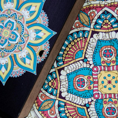 Handcrafted wooden box containing a colorful mandala puzzle with intricate patterns. Unique and artistic gift. WAWW Puzzles