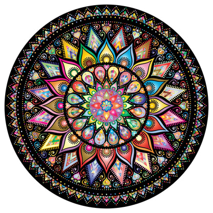 Colorful jewel tone mandala puzzle. Wooden jigsaw, intricate art design.