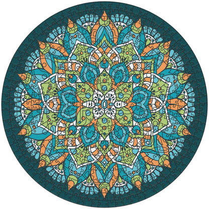 colorful mandala wooden jigsaw puzzle with a geometrical design. Reads a center mantra with the word PEACE