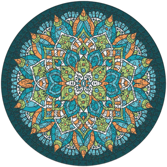 colorful mandala wooden jigsaw puzzle with a geometrical design. Reads a center mantra with the word PEACE
