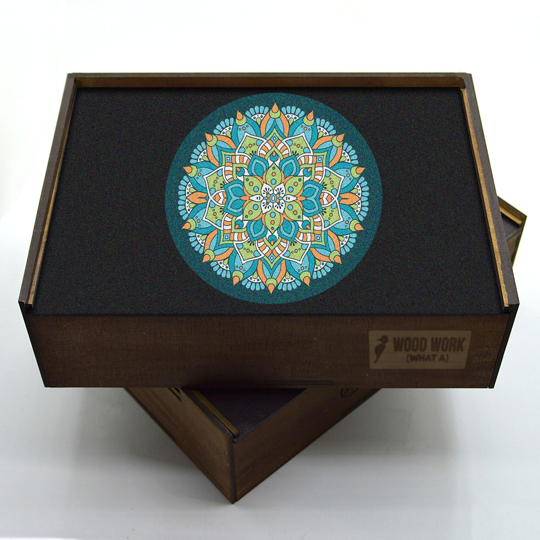 Handcrafted wooden box containing a colorful mandala puzzle with intricate patterns. Unique and artistic gift. WAWW Puzzles