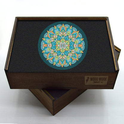 Handcrafted wooden box containing a colorful mandala puzzle with intricate patterns. Unique and artistic gift. WAWW Puzzles