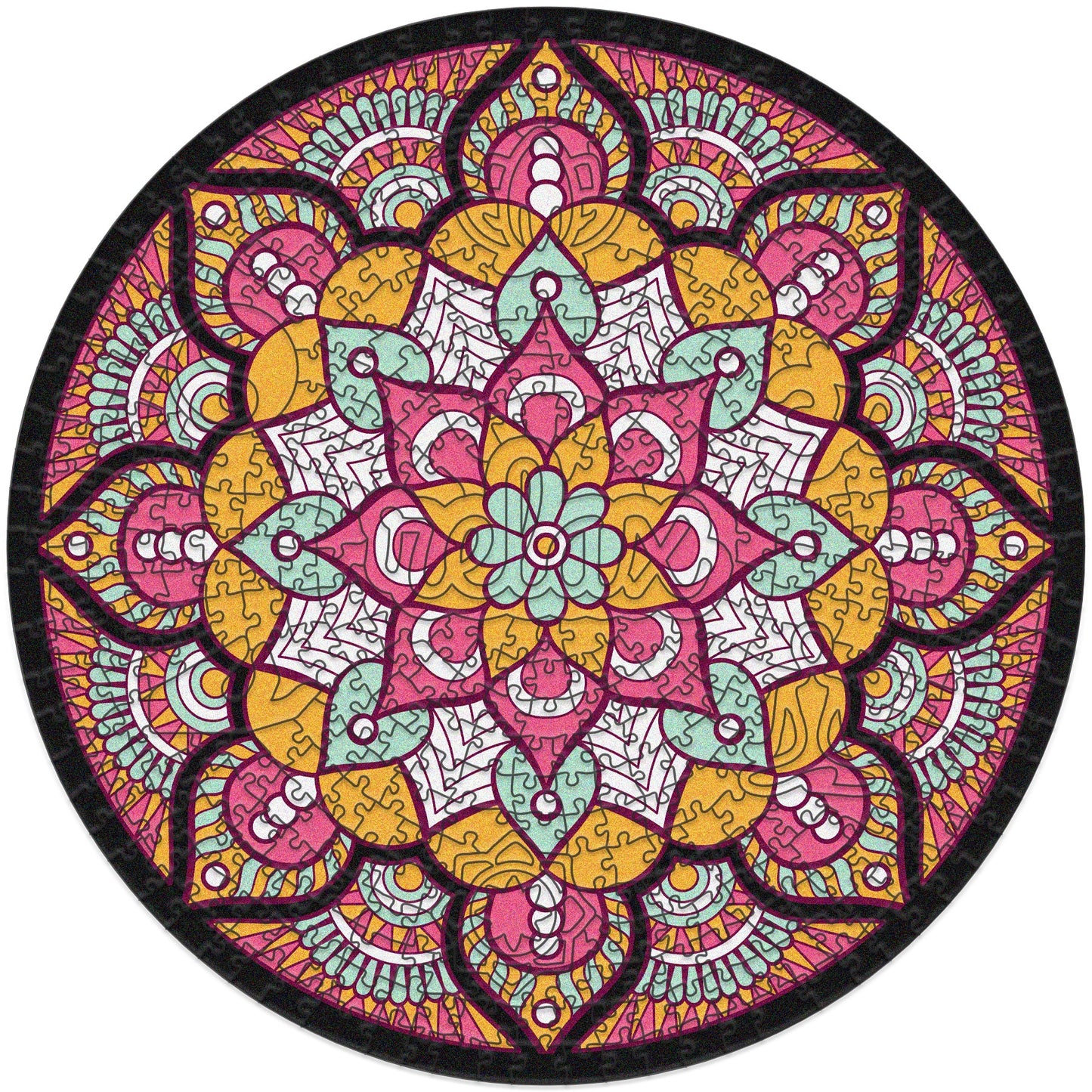 colorful mandala wooden jigsaw puzzle with a geometrical design and the mantra RELAX at the center.

