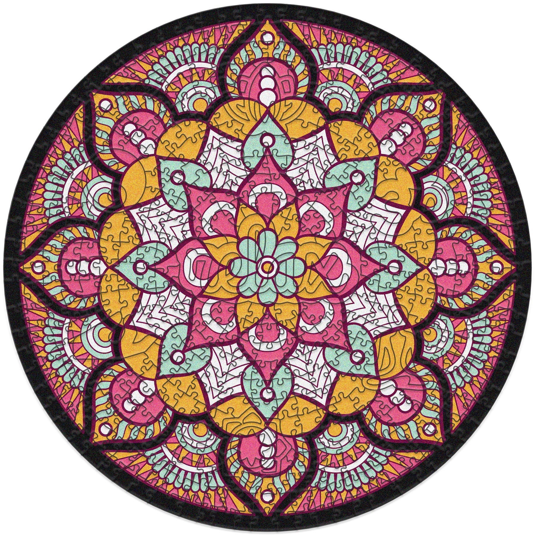 colorful mandala wooden jigsaw puzzle with a geometrical design and the mantra RELAX at the center.

