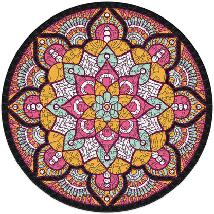 colorful mandala wooden jigsaw puzzle with a geometrical design and the mantra RELAX at the center.

