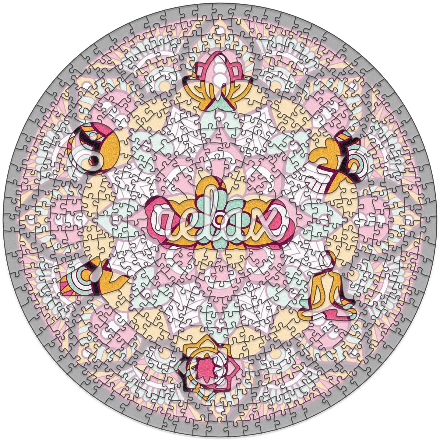 colorful mandala wooden jigsaw puzzle with a geometrical design.

