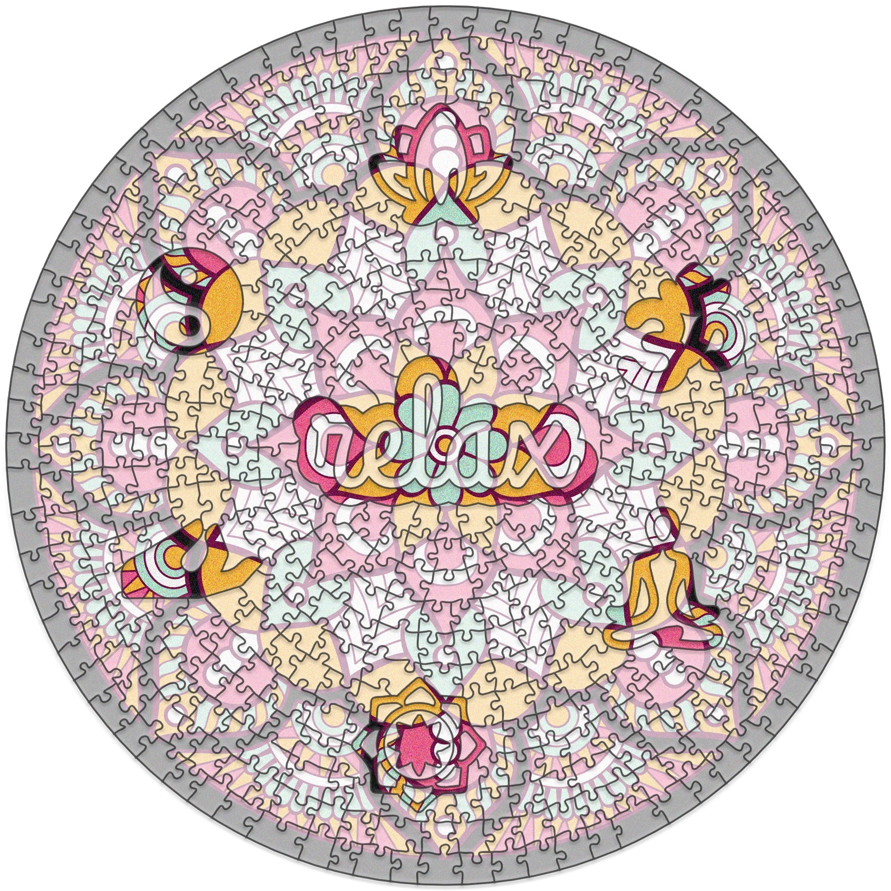 colorful mandala wooden jigsaw puzzle with a geometrical design.

