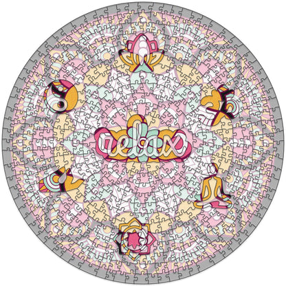 colorful mandala wooden jigsaw puzzle with a geometrical design.

