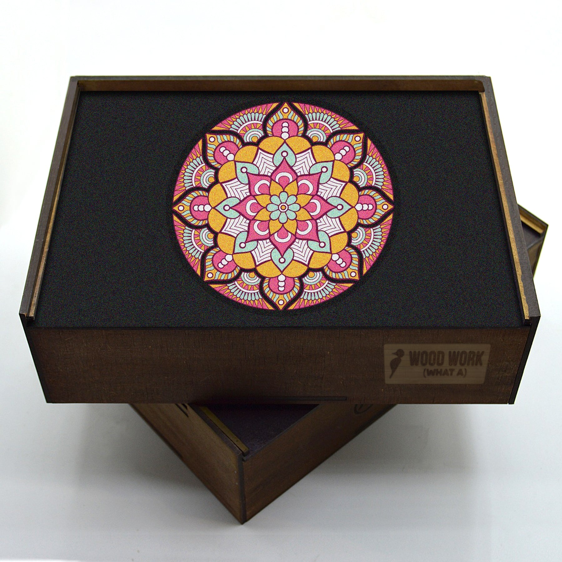Handcrafted wooden box containing a colorful mandala puzzle with intricate patterns. Unique and artistic gift. WAWW Puzzles