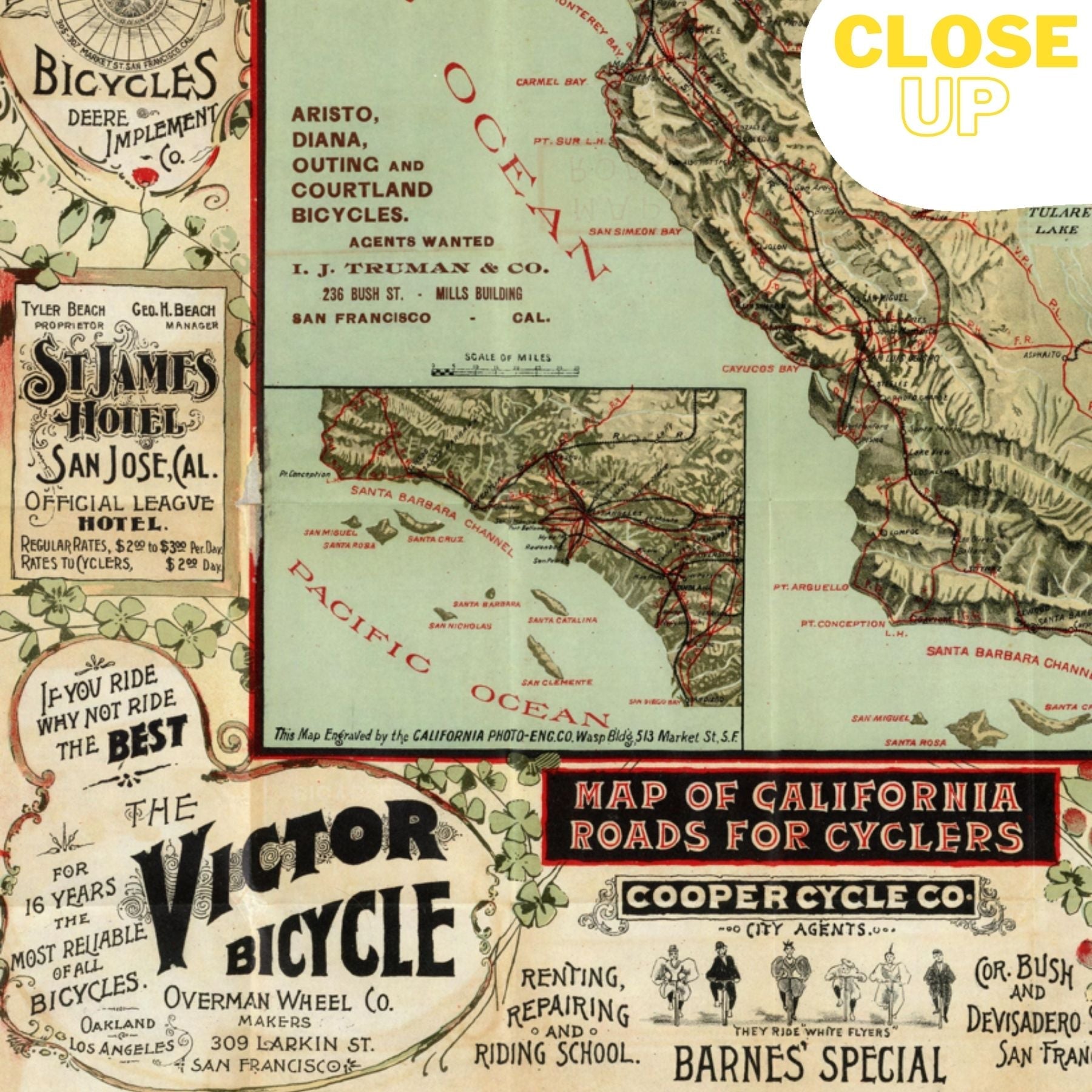 Map of CALIFORNIA Roads for Cyclers Wooden Puzzle | Vintage art | Cyclers' Guide