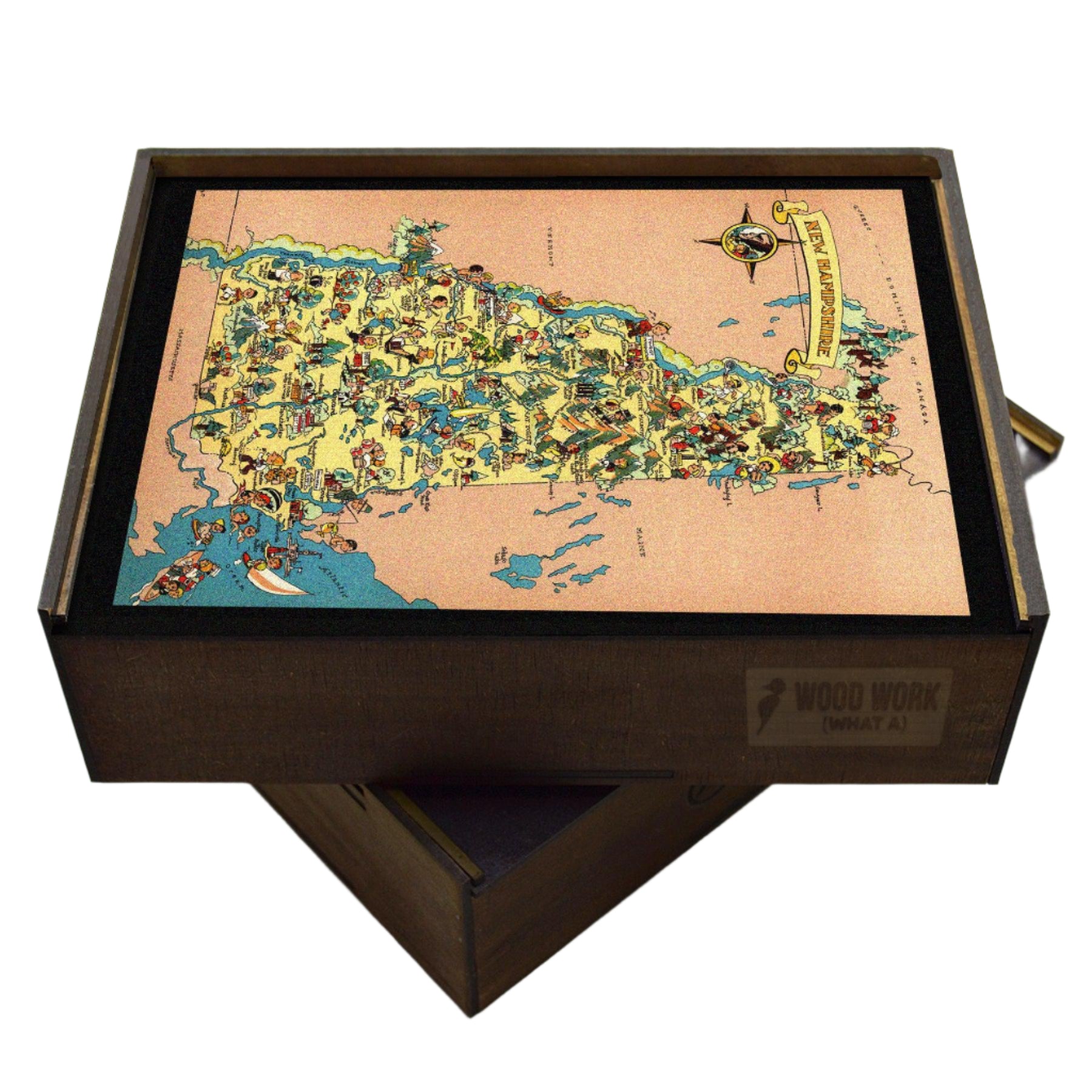 Collectible wooden puzzle of a vintage pictorial map of New Hampshire showcasing landmarks, natural wonders, cultural elements, and historical references. Illustrated cartography highlighting the state's diverse attractions and heritage