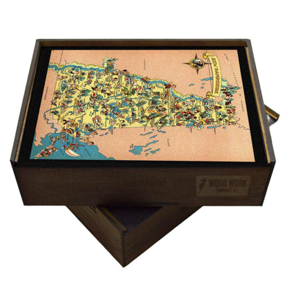 Collectible wooden puzzle of a vintage pictorial map of New Hampshire showcasing landmarks, natural wonders, cultural elements, and historical references. Illustrated cartography highlighting the state's diverse attractions and heritage