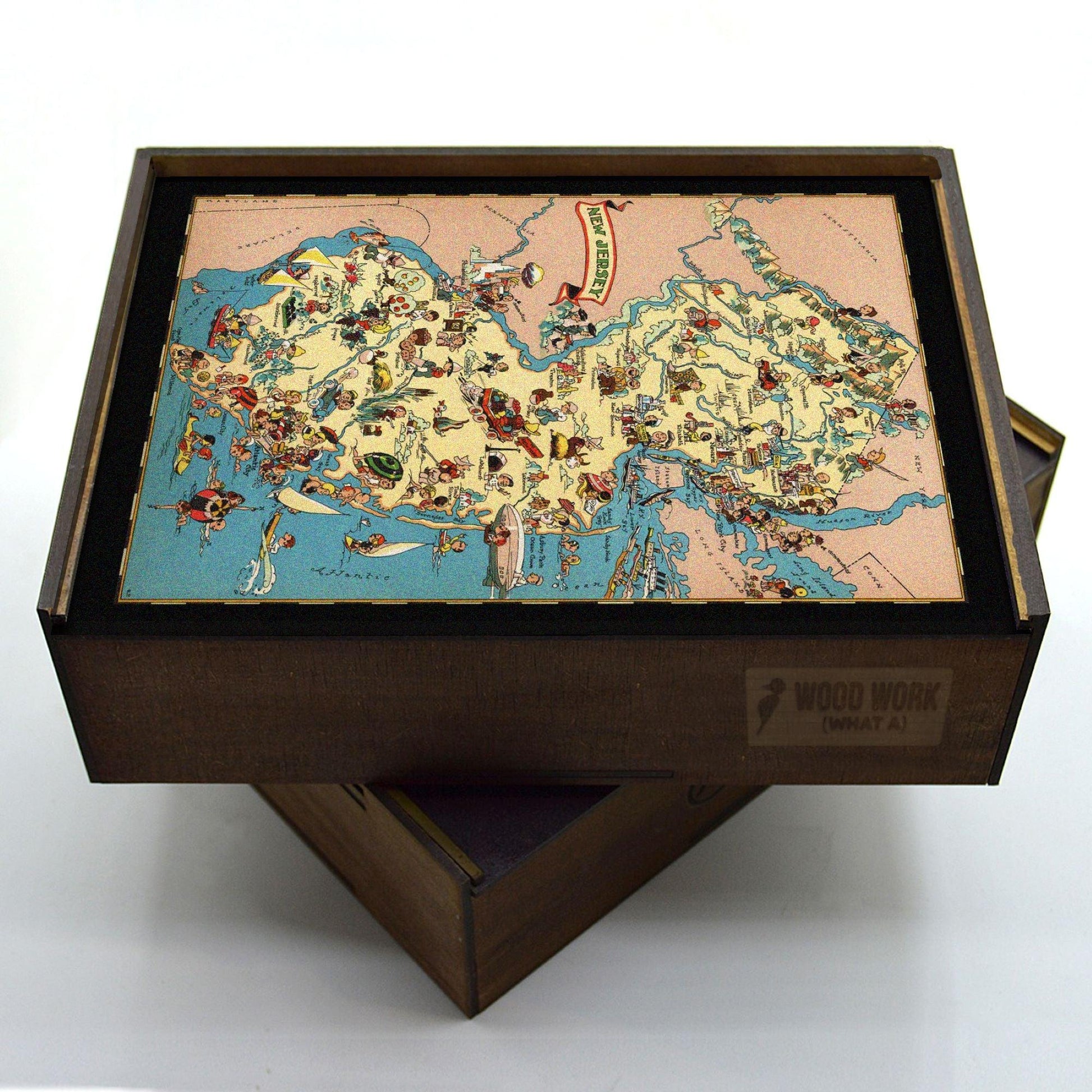 Vintage pictorial map of New Jersey, showcasing its cities, coastline, landmarks like the Delaware Water Gap and Atlantic City, and diverse industries, with colorful illustrations. Wooden jigsaw collectible puzzle.