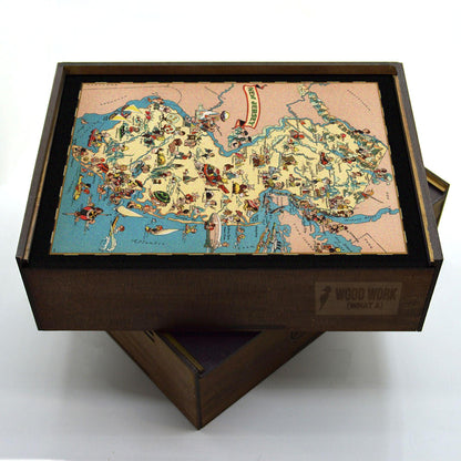 Vintage pictorial map of New Jersey, showcasing its cities, coastline, landmarks like the Delaware Water Gap and Atlantic City, and diverse industries, with colorful illustrations. Wooden jigsaw collectible puzzle.
