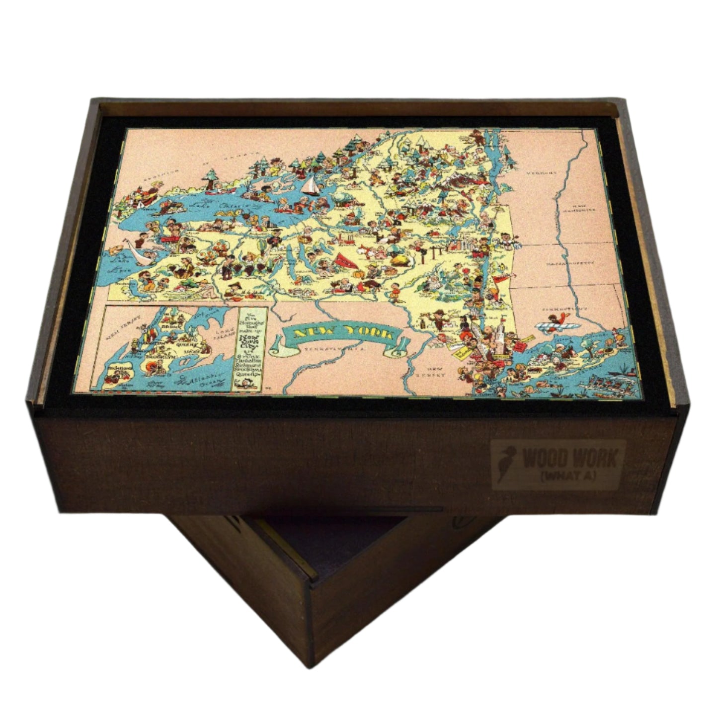 Collectible wooden puzzle of a vintage pictorial map of New York showcasing landmarks, natural wonders, cultural elements, and historical references. Illustrated cartography highlighting the state's diverse attractions and heritage