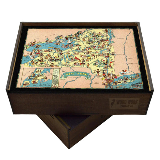 Collectible wooden puzzle of a vintage pictorial map of New York showcasing landmarks, natural wonders, cultural elements, and historical references. Illustrated cartography highlighting the state's diverse attractions and heritage