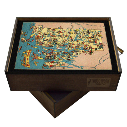 Collectible wooden puzzle of a vintage pictorial map of Rhode Island showcasing landmarks, natural wonders, cultural elements, and historical references. Illustrated cartography highlighting the state's diverse attractions and heritage