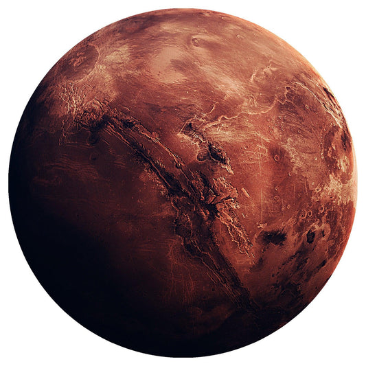 A high-quality round wooden jigsaw puzzle of Mars, featuring a detailed, realistic image of the Red Planet’s dusty surface, craters, and canyons as seen from space. Comes in a handmade wooden keepsake box.