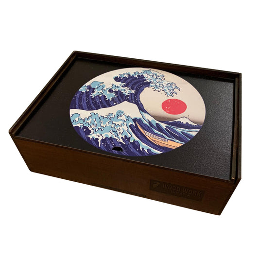 Handcrafted wooden box containing a colorful Japanese art jigsaw, similar to the Great Wave of Kanagawa intricate design.