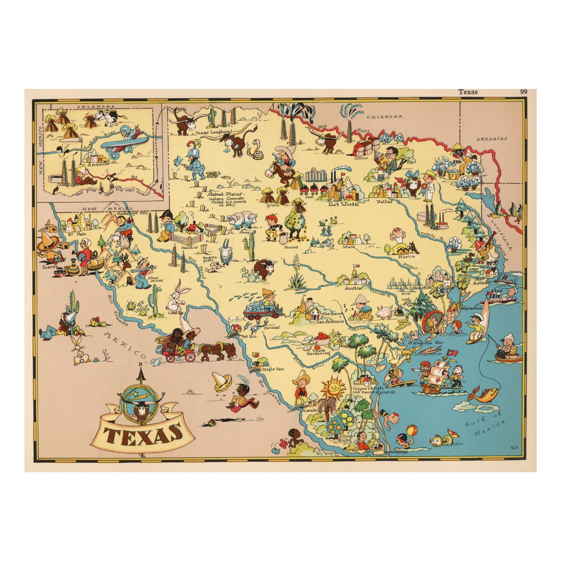 Vintage Texas pictorial map wooden jigsaw puzzle. 1930s style, illustrated landmarks, whimsical cartoons, vibrant colors.