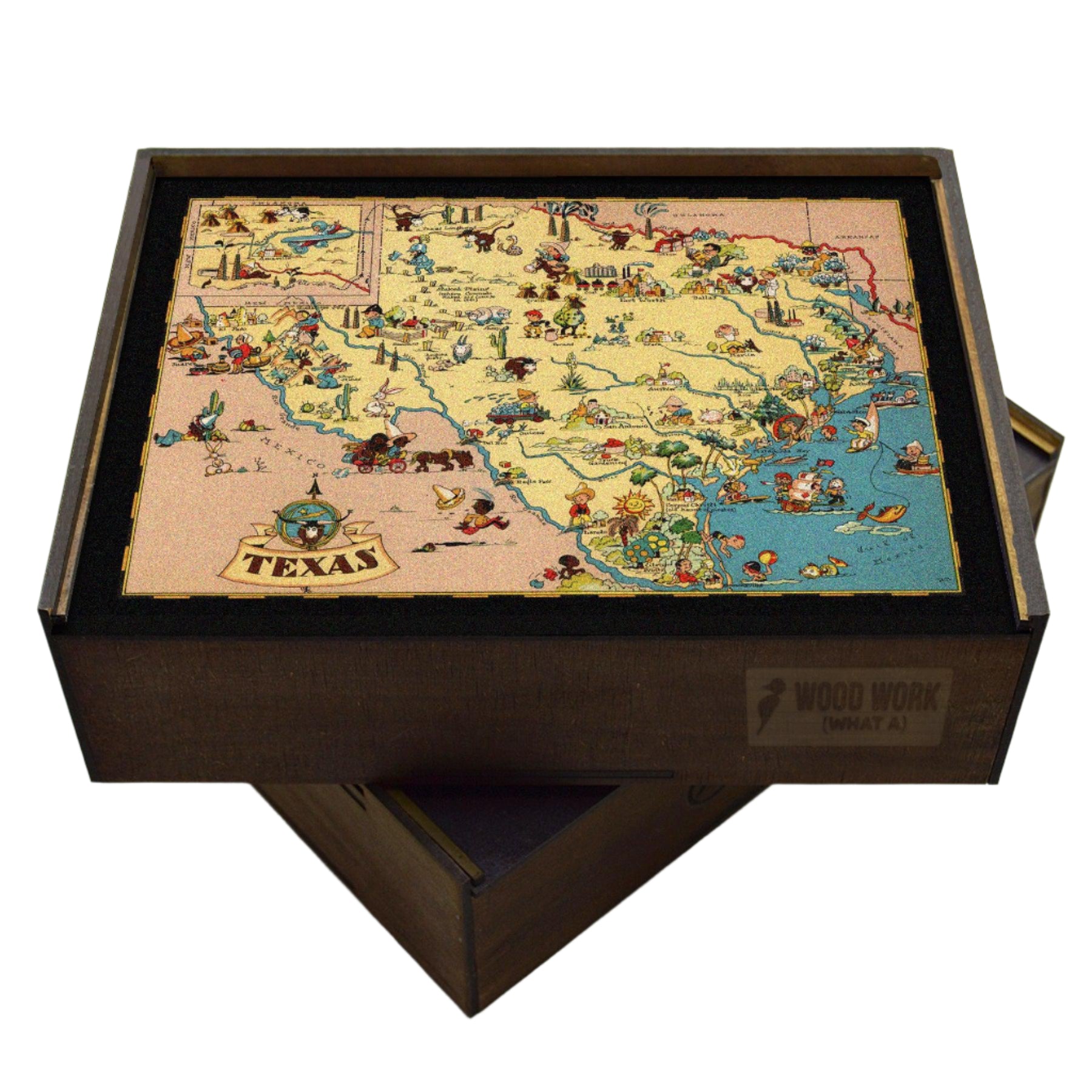 Collectible wooden puzzle of a vintage pictorial map of Texas showcasing landmarks, natural wonders, cultural elements, and historical references. Illustrated cartography highlighting the state's diverse attractions and heritage