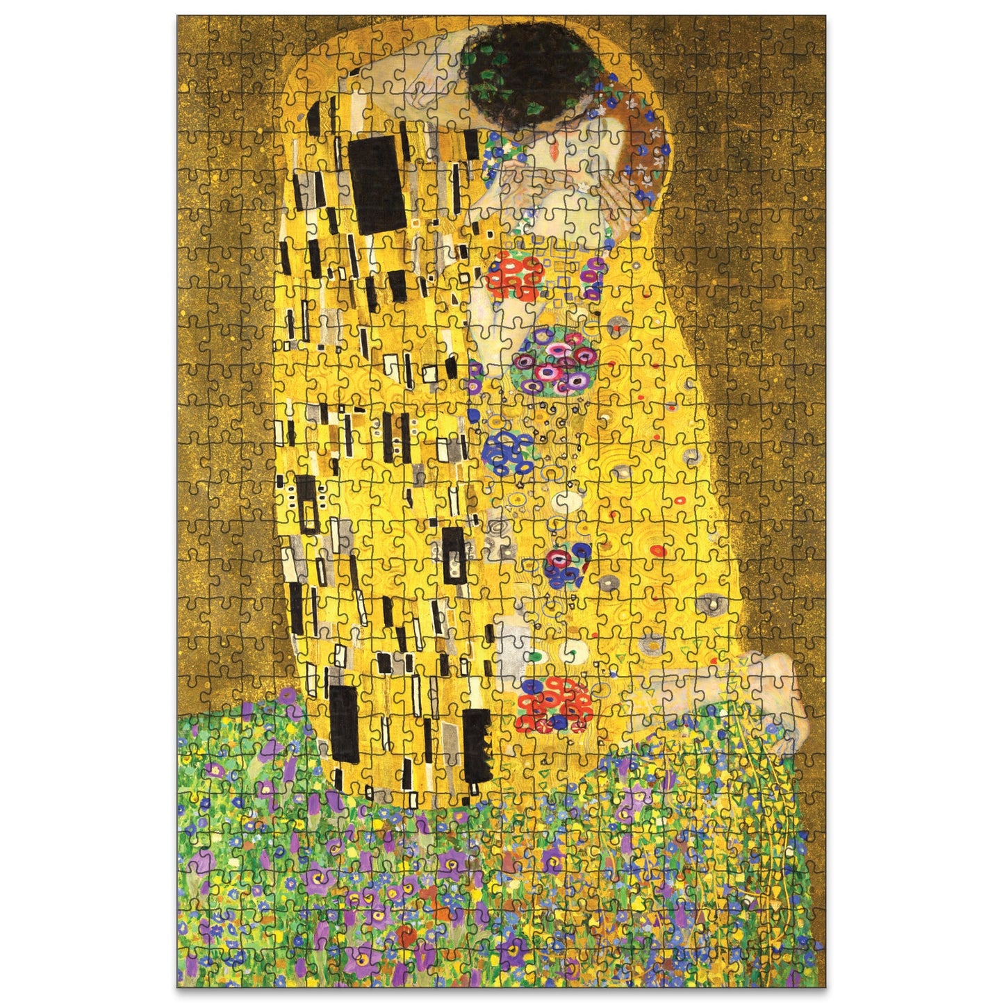 A high-quality wooden jigsaw puzzle of Gustav Klimt’s "The Kiss," featuring a golden embrace of two lovers wrapped in intricate Art Nouveau patterns and floral embellishments. Comes in a handmade wooden keepsake box.