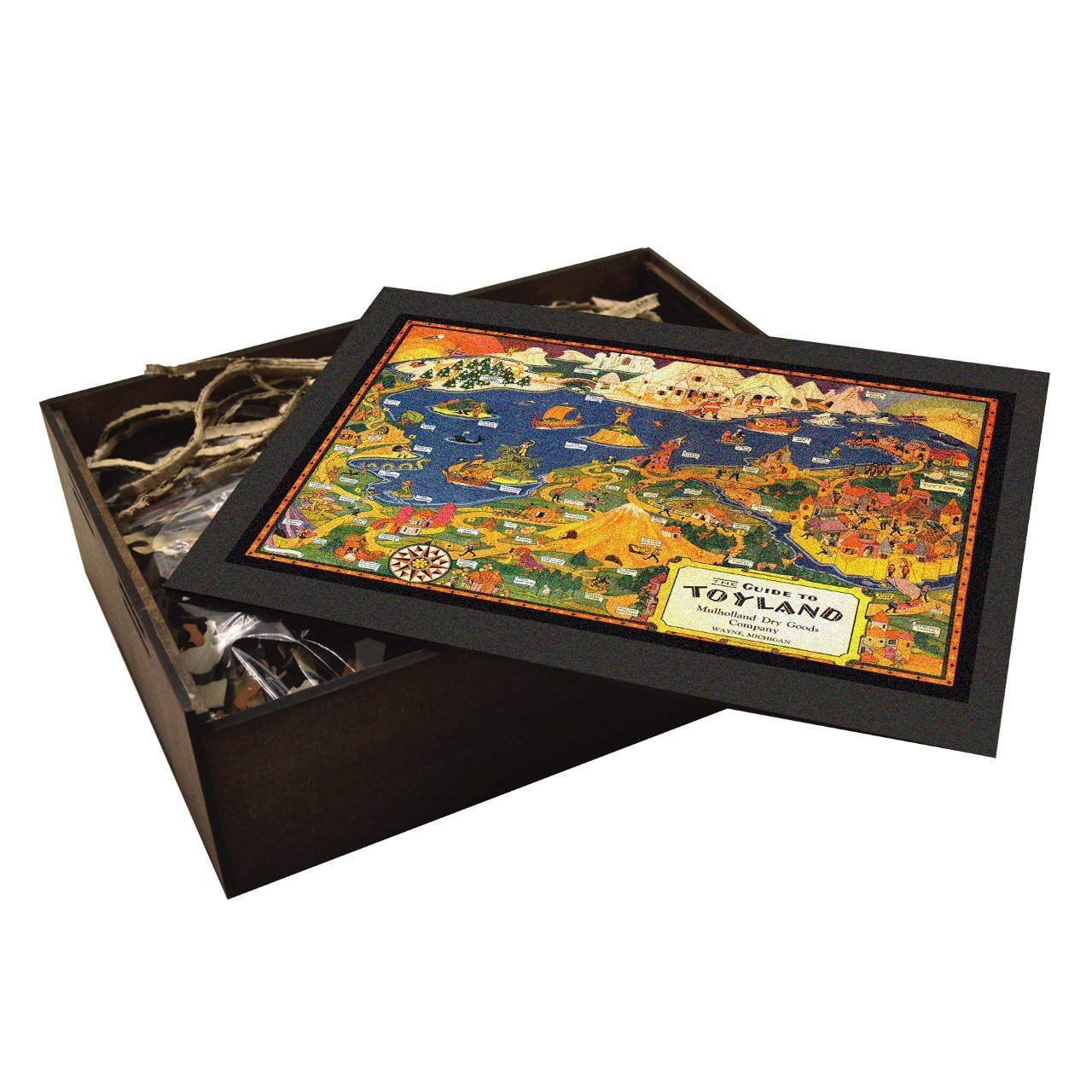 Collectible wooden puzzle of a vintage pictorial map of Toyland featuring Santa Claus, toys, castles, and whimsical landscapes. Fantasy world art print for children and collectors.