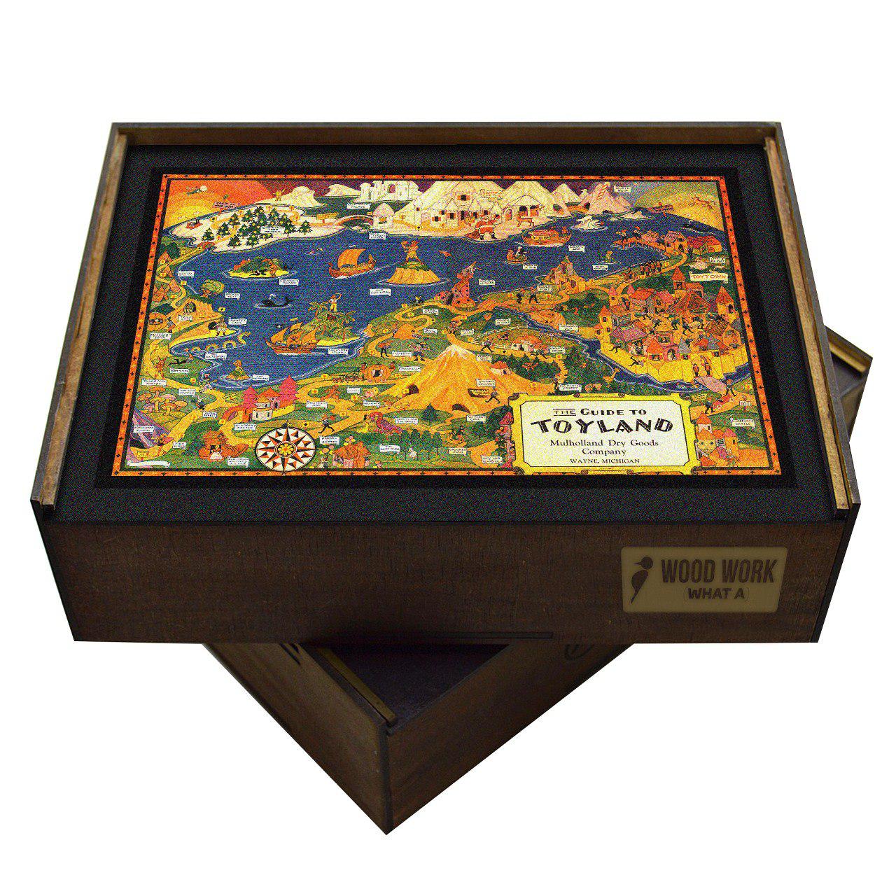 Collectible wooden puzzle of a vintage pictorial map of Toyland featuring Santa Claus, toys, castles, and whimsical landscapes. Fantasy world art print for children and collectors.
